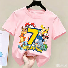 Lade das Bild in den Galerie-Viewer, Niedliches Pinkes Pokemon Geburtstags-T-Shirt mit Alter Jahreszahl
